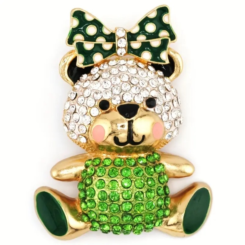 Teddy Bear Brooch Rhinestone Bowknot Bear Brooch Pin - Green